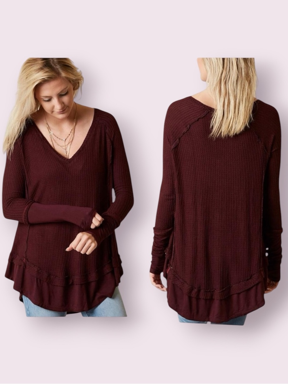 Free People We The Free Laguna Waffle Top Contrasting Cuffs Thumbholes Medium